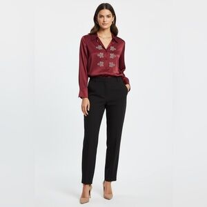 Laurel Burgundy Silk Embellished Button-Up Blouse Size 38